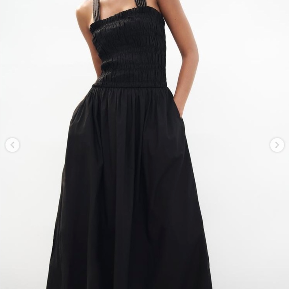 ZARA Topstitched Black Midi Dress with Pockets 100% Cotton Size M NWT - Picture 4 of 15